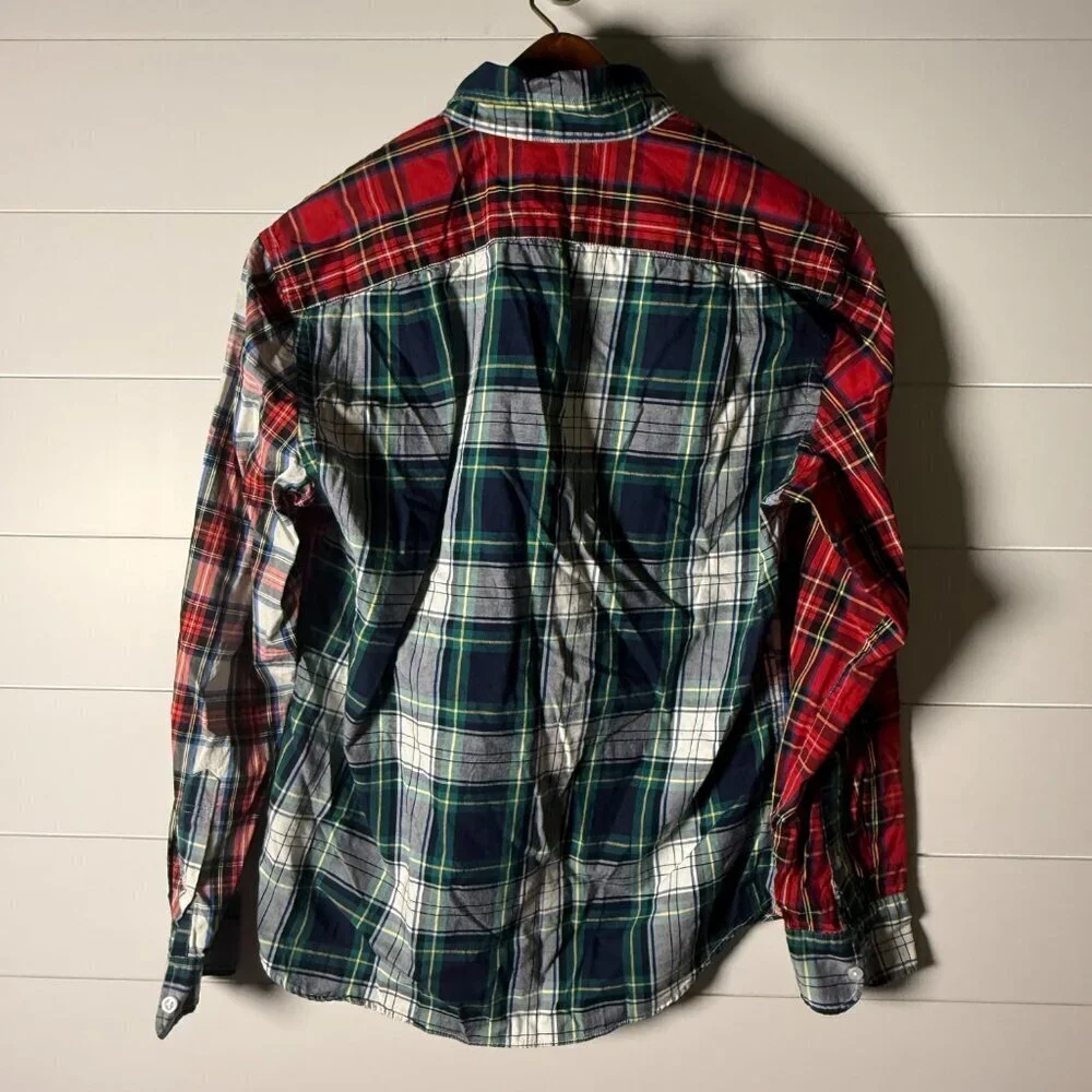 J Crew Re-Imagined Plaid Patchwork Flex Washed Slim Untucked Sz Medium